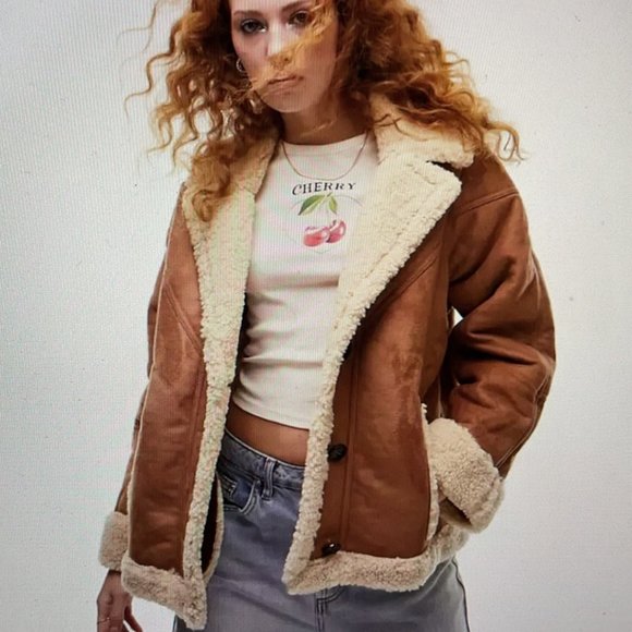 Topshop faux shearling car coat in brown and creme - Picture 3 of 3